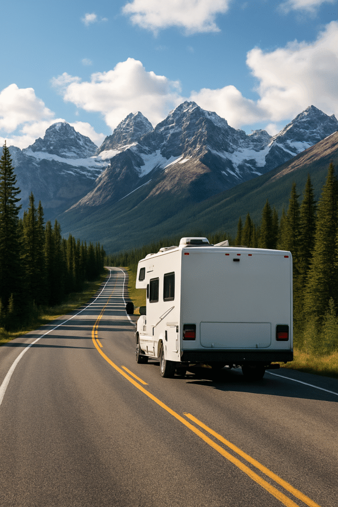 RV traveling down a 2 lane highway with mountains in the background