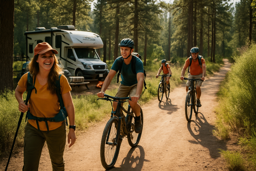 People hiking and biking on a trail right outside a campsite. Enjoying the RVing recreational lifestyle