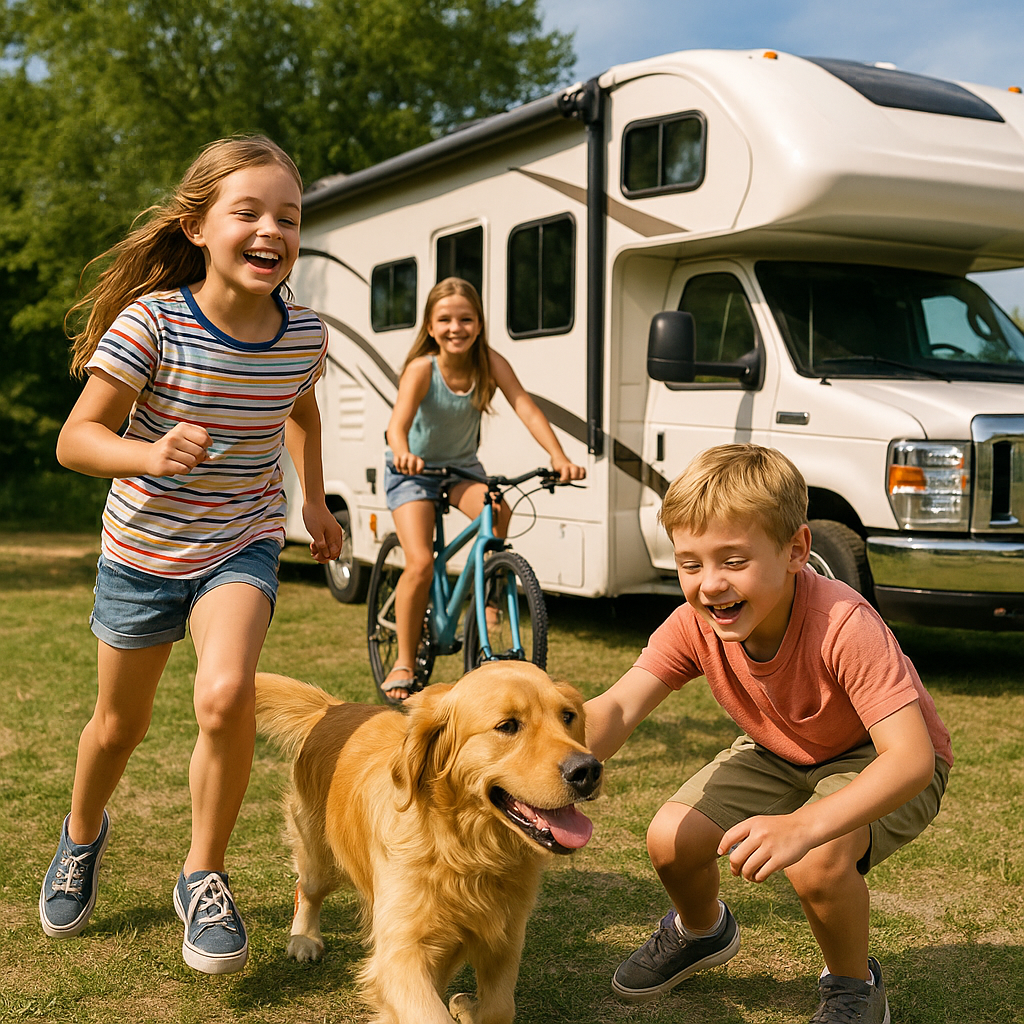 Kids playing outside an RV with a dog