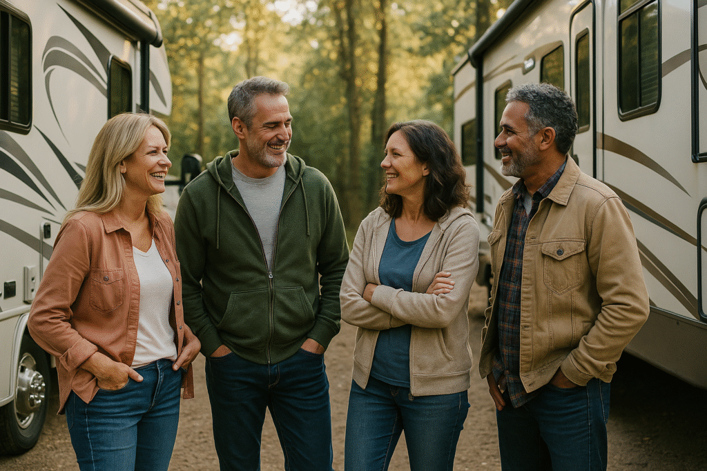 2 couples standing in between 2 RV campsites talking and chatting