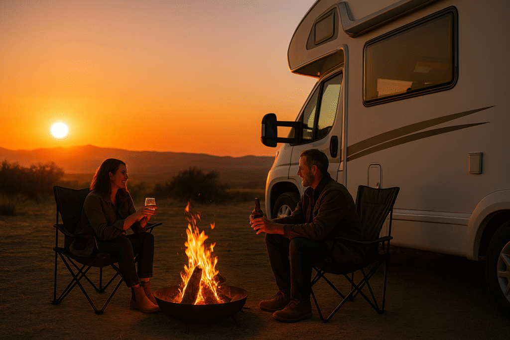 RV at sunset with couple in camp chairs enjoying drinks by a fire glowing.
