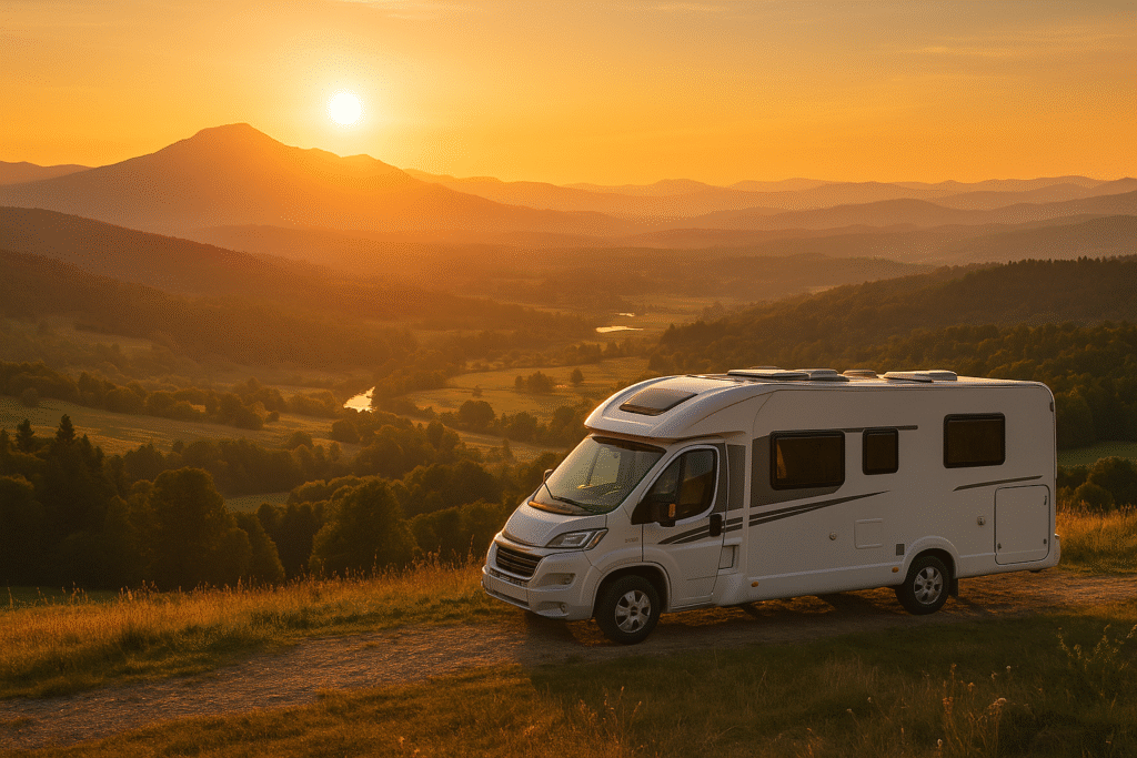 Class C motorhome parked on a scenic overlook at sunset with mountains, river valley, and golden-hour sky — RV camping, outdoor travel, and recreational RV lifestyle.