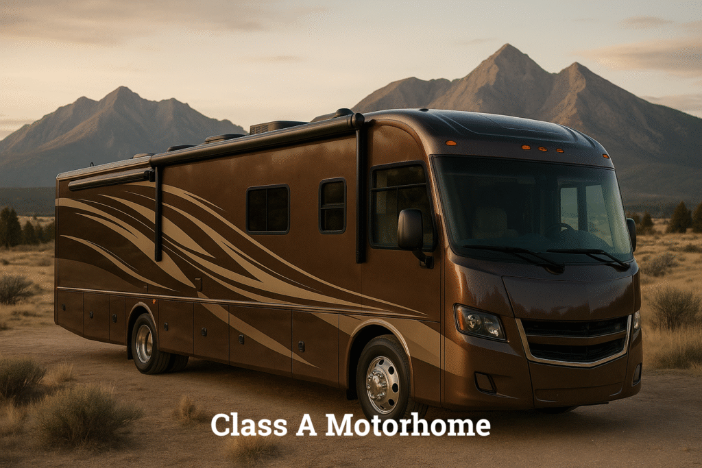 Class A motorhome parked at campground – buying an RV in 2025 guide