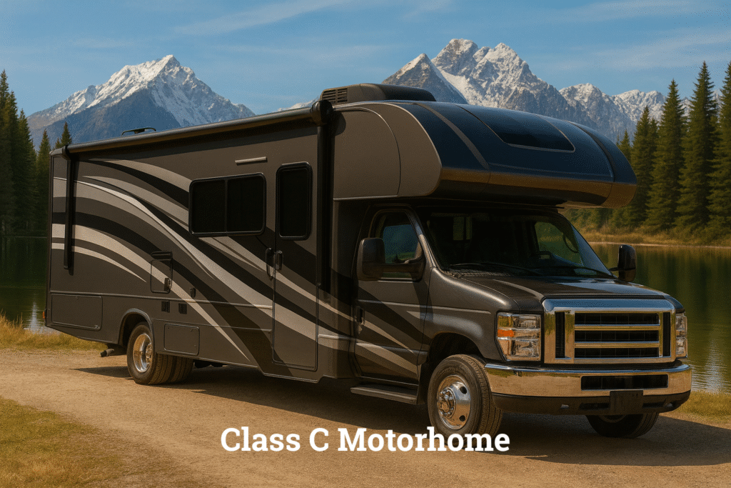 Class C motorhome parked at campground – buying an RV in 2025 guide