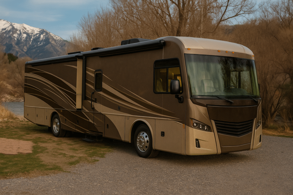 Class A motorhome at an RV dealership, illustrating why buying too big is one of the most common mistakes first-time RV buyers make