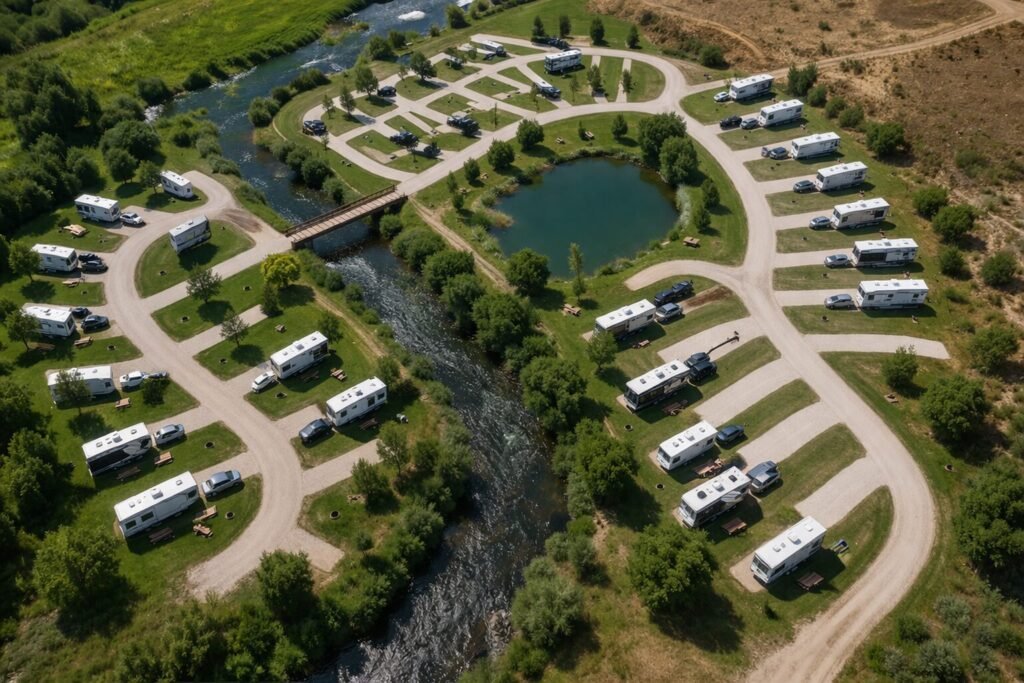 aerial view of RV campground layout showing pull through and back in campsites along loops near a river and pond for campsite size guide