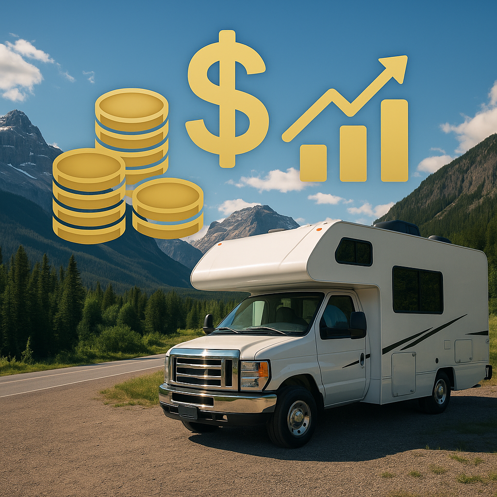 Class C motorhome parked in front of mountain scenery with gold financial icons representing savings and investment benefits of RV ownership.