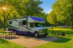 HDR photo of a Class C motorhome parked at a bright, green campground with trees, picnic table, fire ring, and summer sunlight filtering through the forest