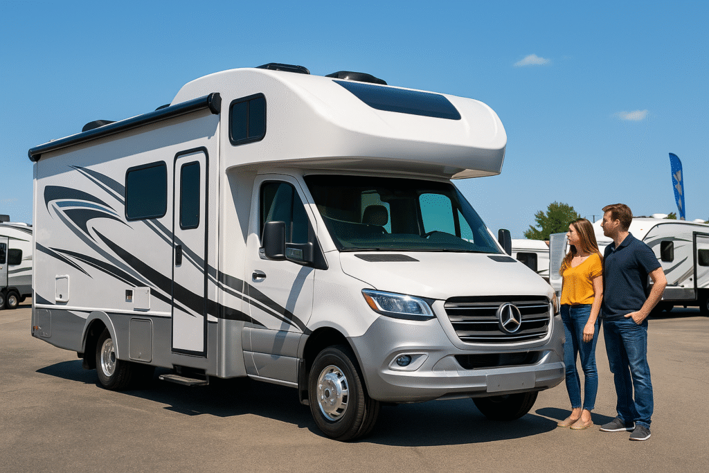 Modern Class C motorhome parked at an RV dealership under a bright blue sky, representing first-time RV buyers preparing for a test drive before purchase.