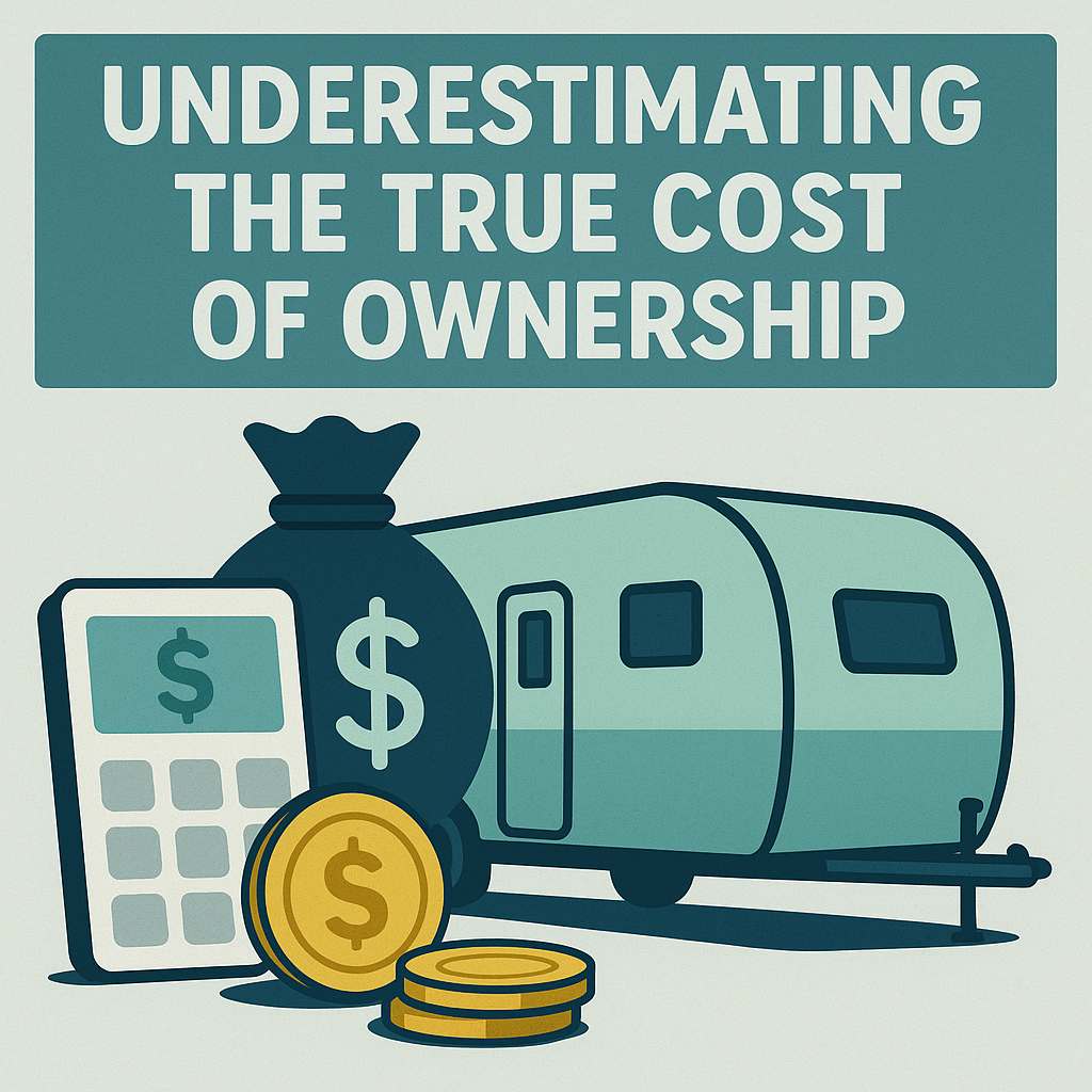 Illustration of a travel trailer surrounded by money, calculator, and dollar symbols, representing how first-time RV buyers often underestimate the true cost of RV ownership