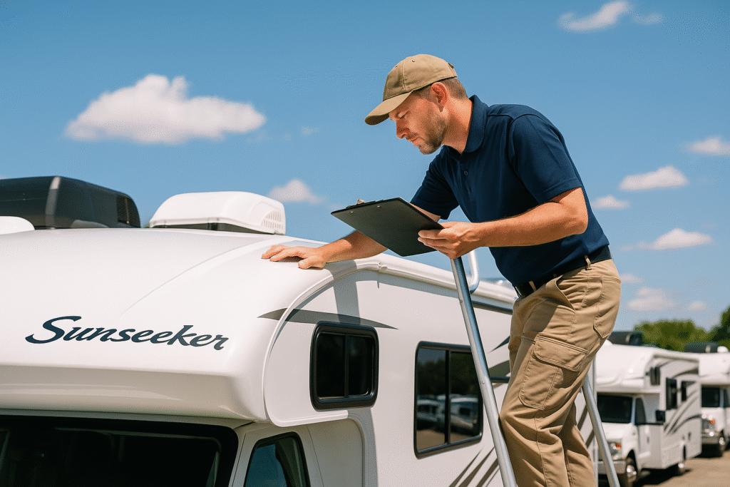 RV inspector examining the roof of a motorhome with a clipboard on a sunny day, showing why first-time RV buyers should never rush the inspection process.