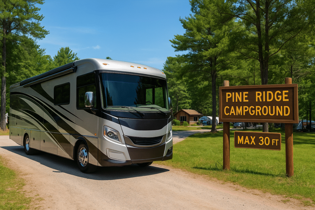 Large Class A motorhome stopped at the entrance of Pine Ridge Campground with a sign reading ‘Max 30 ft,’ illustrating how first-time RV buyers can face campground size restrictions when purchasing an RV that’s too big.
