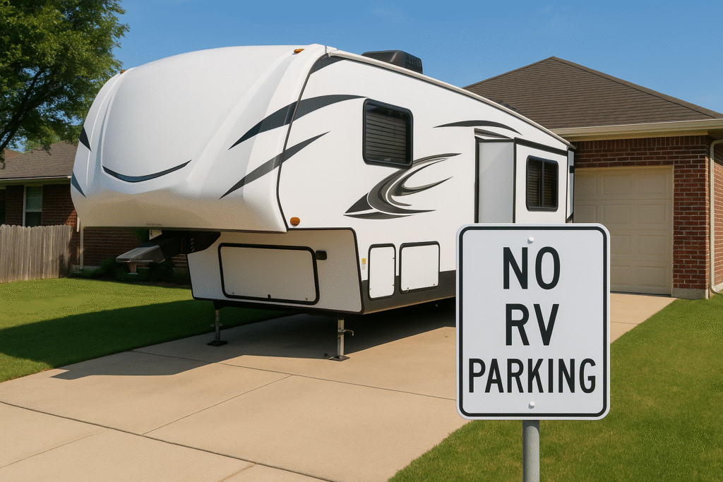 Travel trailer parked in a suburban driveway with a ‘No RV Parking’ sign, illustrating how first-time RV buyers often overlook storage restrictions and HOA rules after purchasing their RV