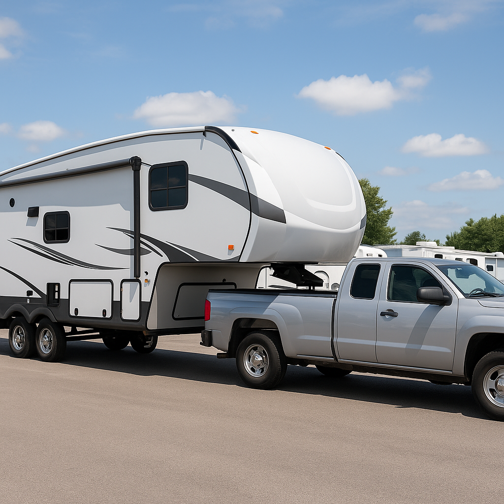 Pickup truck properly hitched to a fifth-wheel trailer with safe spacing, showing correct kingpin placement ahead of the rear axle and adequate clearance between the truck bed and trailer overhang for first-time RV buyers learning proper towing setup