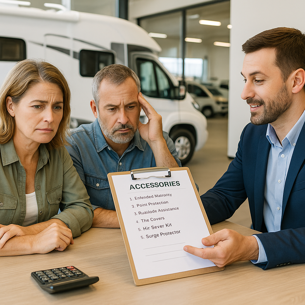 Couple at an RV dealership looking uncertain as a salesperson shows them a clipboard of accessory add-ons, representing how first-time RV buyers are often pressured into purchasing unnecessary extras.