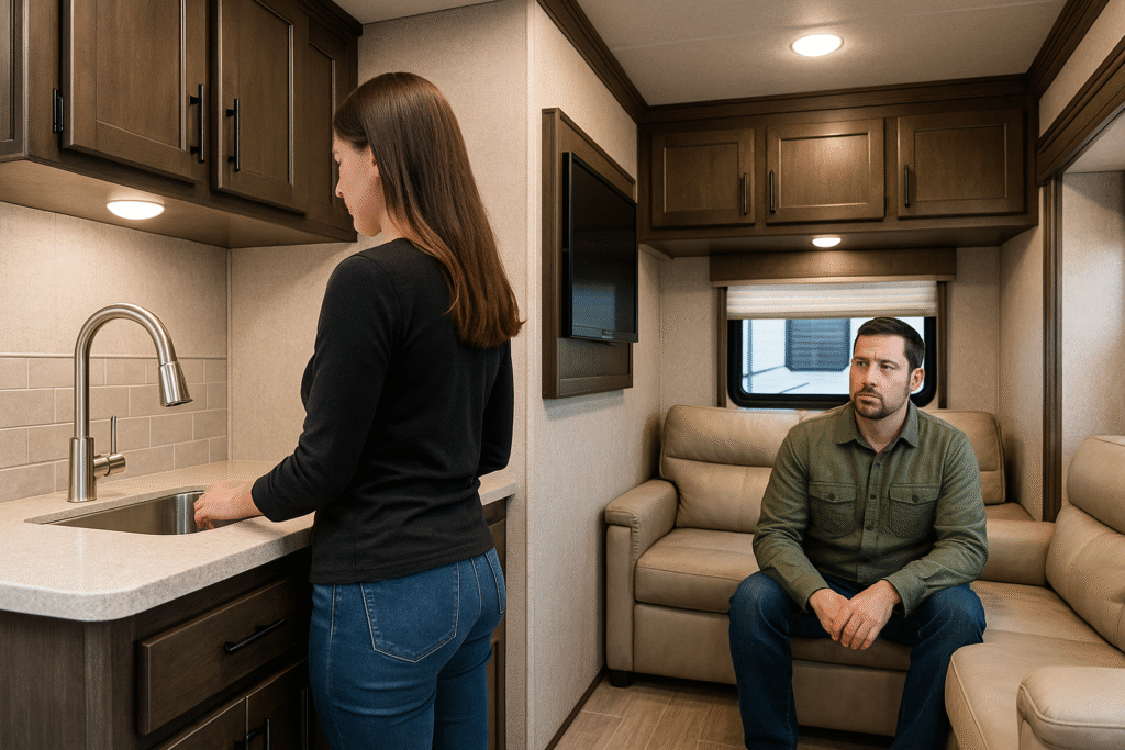 Woman standing at the kitchen sink inside an RV blocking the wall-mounted TV while a man sits on the couch looking frustrated, illustrating how poor RV floor plan design can make daily living uncomfortable for first-time RV buyers.