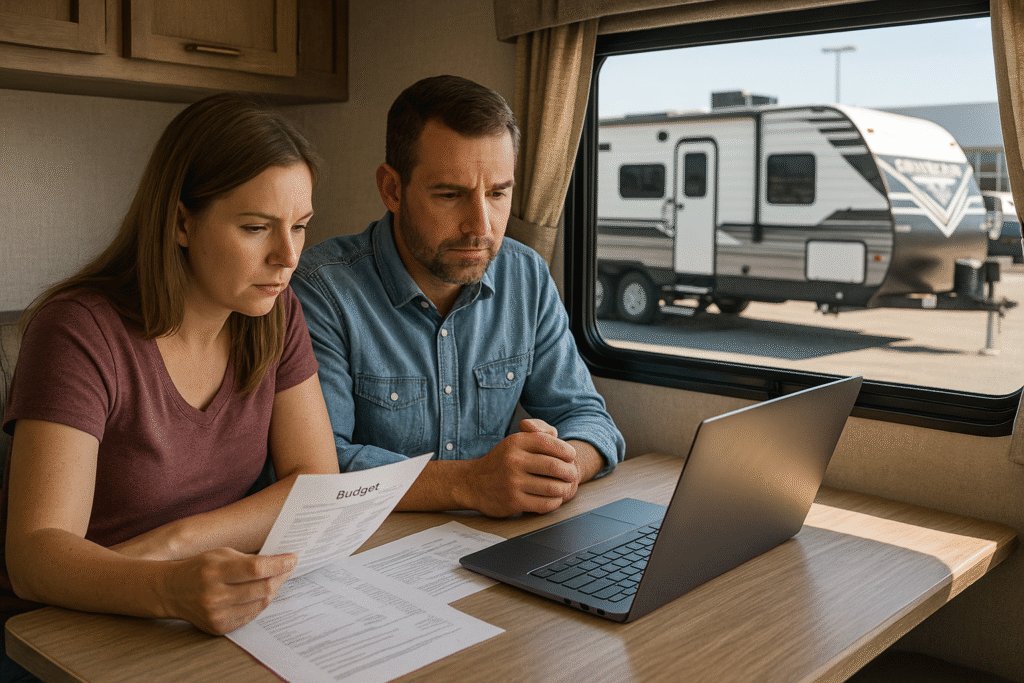 Couple sitting at RV dinette reviewing budget and expenses on a laptop with RV dealership visible through the window – buying an RV in 2025 guide