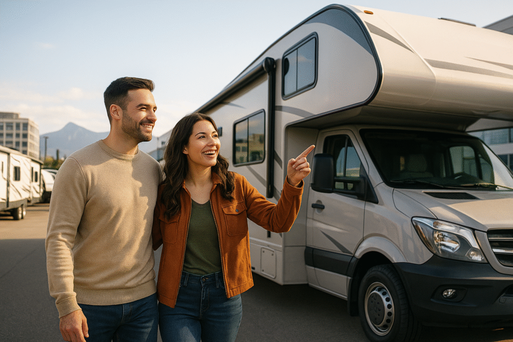 Couple smiling beside new Class C motorhome at city dealership with mountains in background, HDR golden hour lighting – buying an RV in 2025 guide