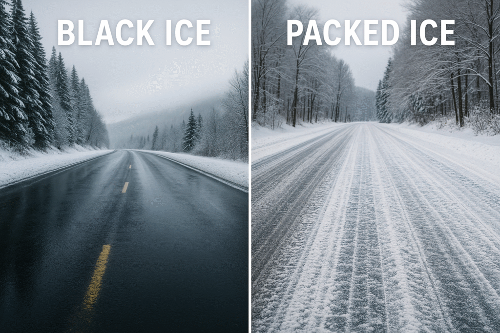 Side-by-side winter road comparison showing black ice on a smooth reflective highway and packed ice with deep tire grooves on a snowy forest road, high-detail HDR.