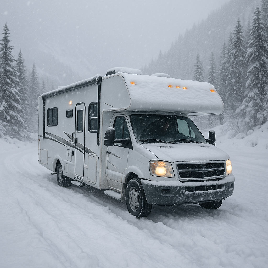 Class C RV driving through deep, heavy snow on a winter mountain road during active snowfall, HDR high detail.