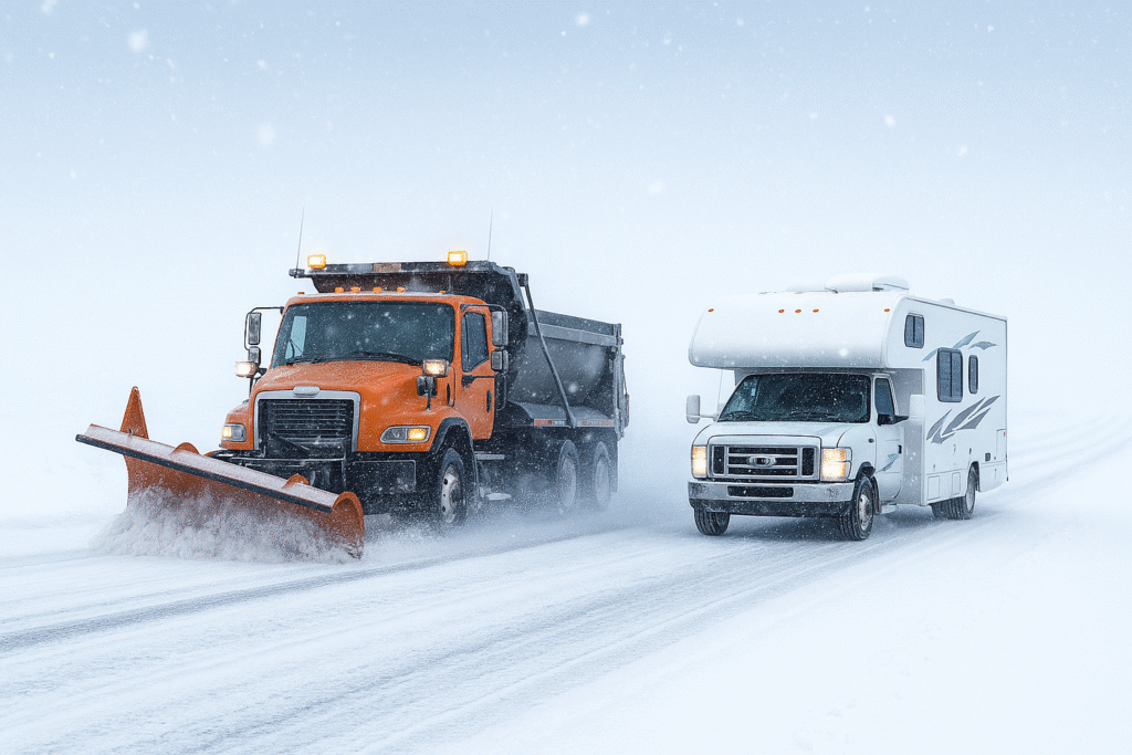 Class C RV driving on snowy highway behind a snowplow in bright winter conditions, high-detail HDR.