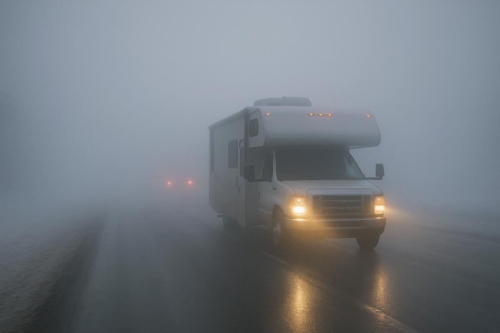 Class C motorhome driving through dense fog with dim headlights and faint taillights ahead showing extremely low visibility on a winter road