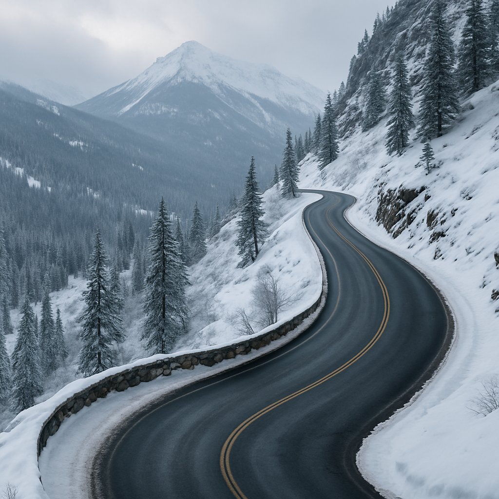 Steep winter mountain road with a single dramatic switchback descending toward a snowy valley, high-detail HDR.