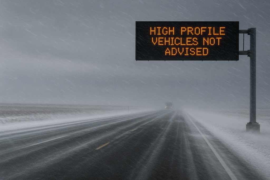 Strong crosswinds blowing snow sideways across an open winter highway on the plains, low visibility, HDR detail.