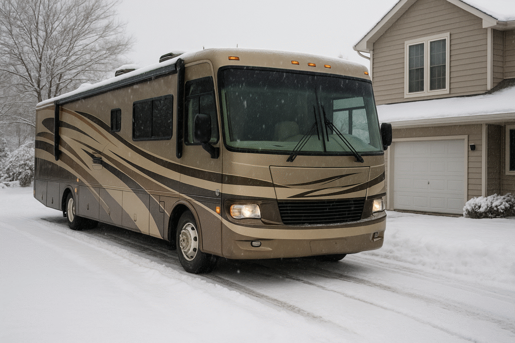 Class A motorhome parked in a snowy residential driveway during winter snowfall, bright HDR, high detail