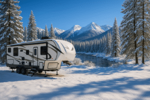Fifth-wheel RV parked in a snowy winter campsite with a blue sky, snow-covered pine trees, mountain range, and river in the background, HDR high detail 5th wheel trailer guide