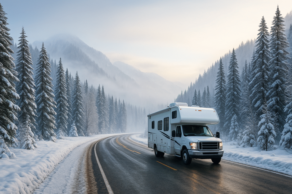 Class C RV driving on a clear winter road with snowy trees and foggy mountain valley – winter RV basics.