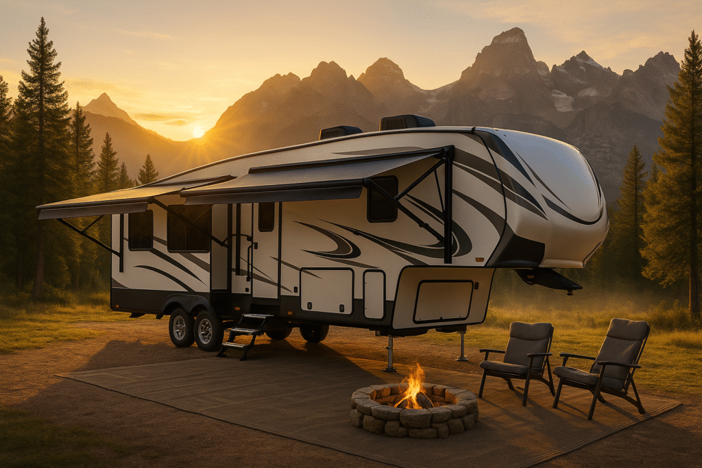modern luxury fifth wheel RV campsite with awning, firepit, and chairs at mountain sunrise, illustrating the real cost of owning an RV in 2026