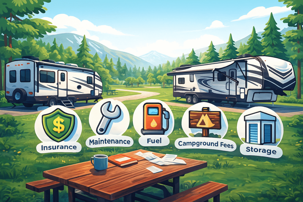 cartoon RV campsite with icons for insurance, maintenance, fuel, campground fees, and storage showing the big ongoing costs of owning an RV in 2026