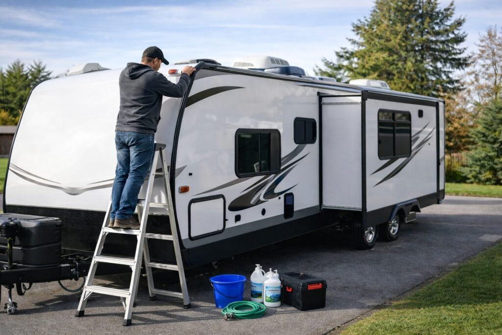 Hidden RV costs include ongoing RV maintenance, shown by an owner performing roof maintenance with supplies nearby