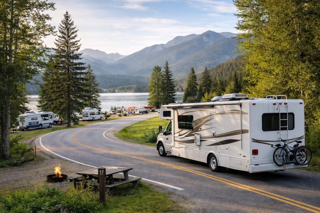 RV campground near a lake and mountains, highlighting higher camping costs in popular areas