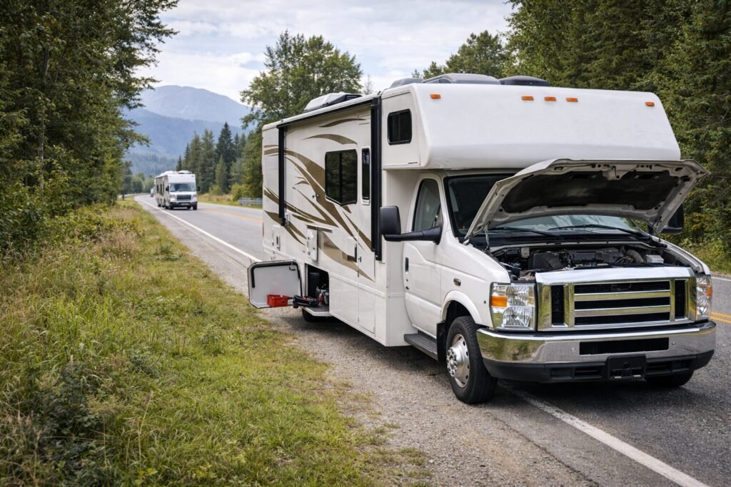 Motorhome waiting for repairs, showing how RV issues rarely happen at a convenient time