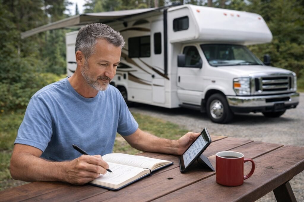RV owner planning ahead at a campsite, showing how to avoid being blindsided by hidden RV costs
