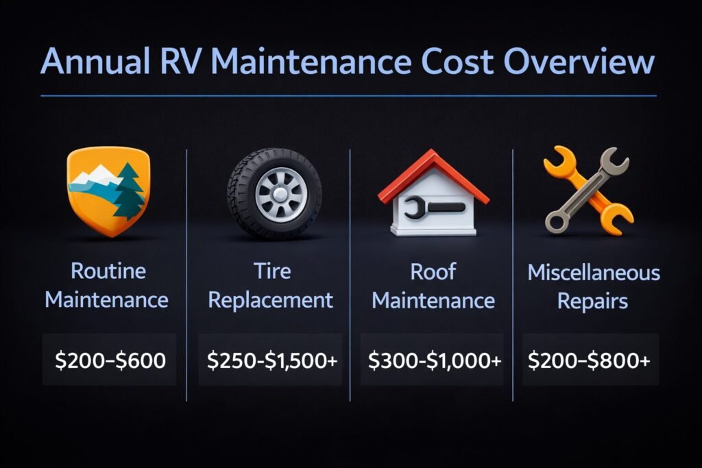 Annual RV maintenance cost overview showing routine maintenance, tire replacement, roof maintenance, and repair expenses