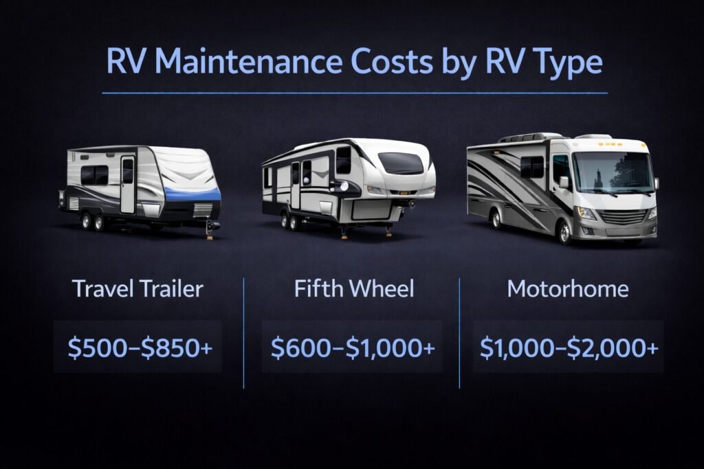 RV maintenance costs by RV type comparing travel trailers, fifth wheels, and motorhomes with annual cost ranges