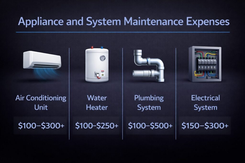 RV appliance and system maintenance expenses showing air conditioning, water heater, plumbing, and electrical system costs