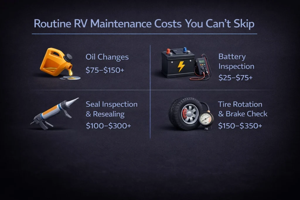 Routine RV maintenance costs showing oil changes, battery inspection, seal inspection and resealing, and tire rotation and brake checks