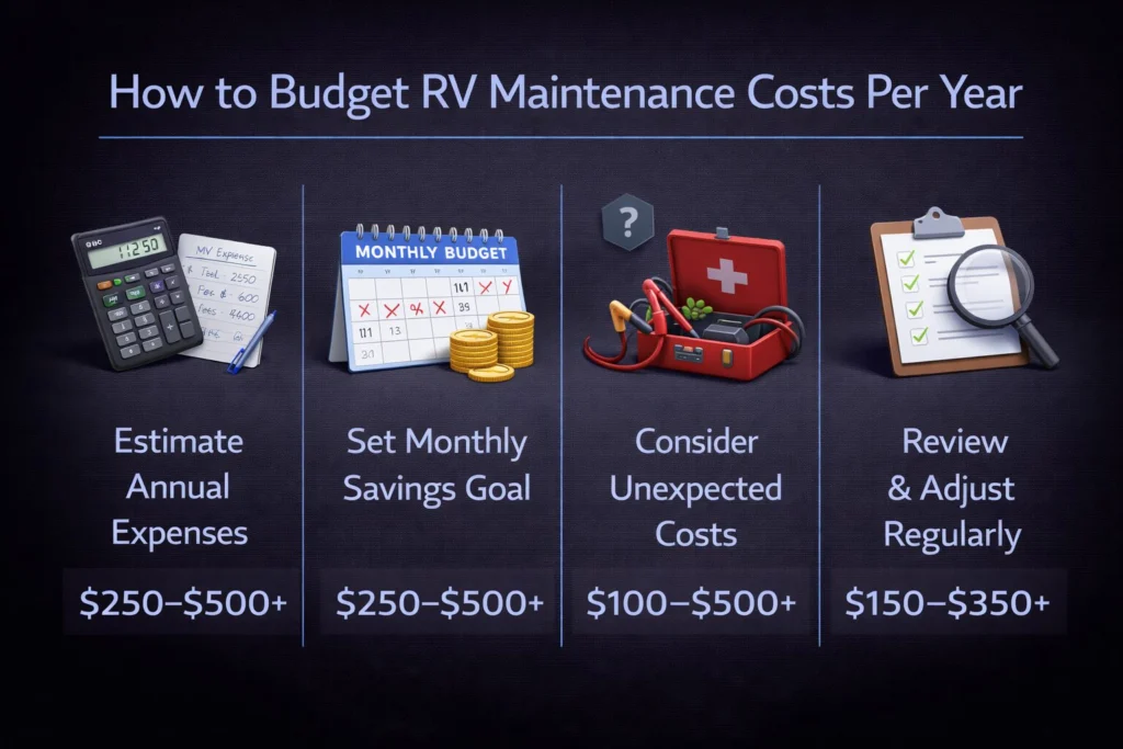 How to budget RV maintenance costs per year showing estimated expenses, monthly savings, unexpected costs, and budget review steps