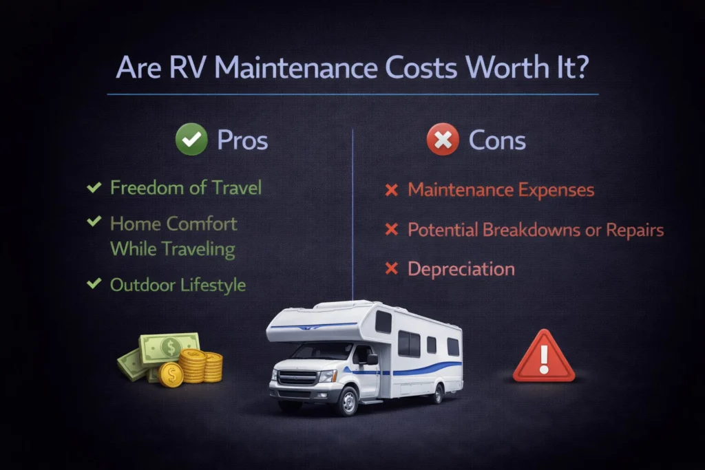 Are RV maintenance costs worth it infographic comparing ownership benefits like travel freedom to expenses such as maintenance and repairs