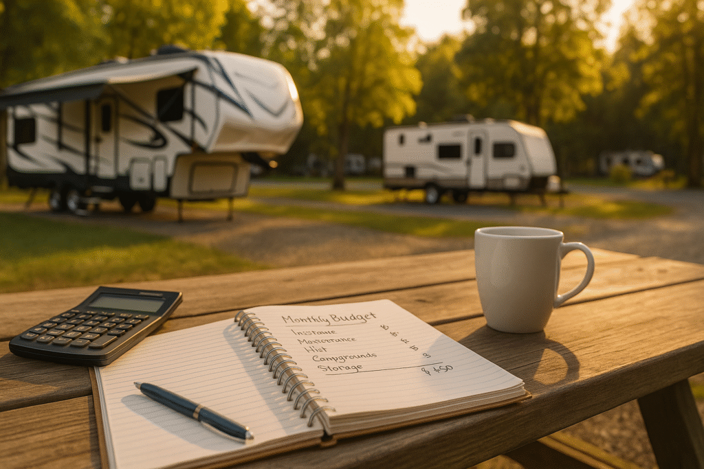 campground scene with fifth wheel, travel trailer, and a picnic table with notebook and calculator showing monthly RV ownership costs in 2026