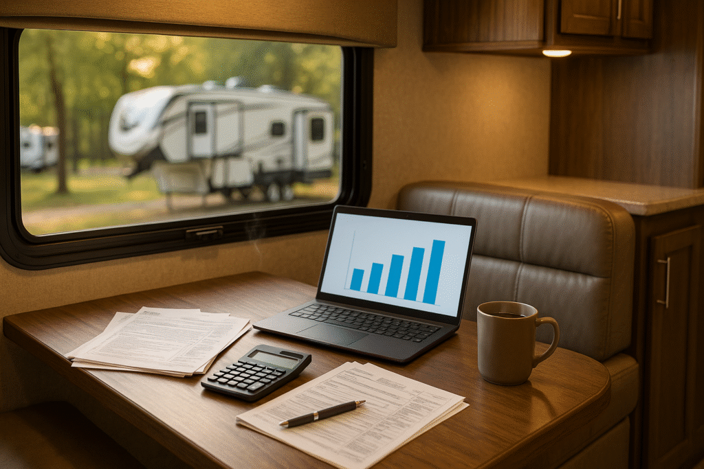 interior of a modern RV with tax forms, laptop, and calculator on the dinette table, showing how tax planning can lower the real cost of owning an RV in 2026