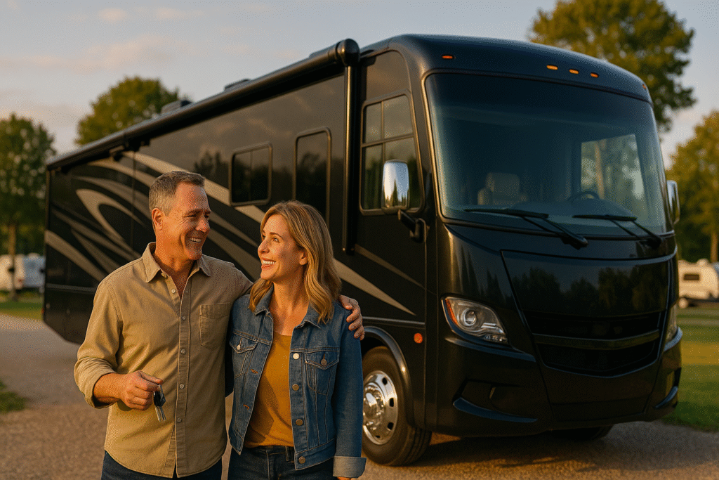 happy couple in front of a shiny new Class A motorhome at a campground, celebrating that the real cost of owning an RV in 2026 is worth it for them