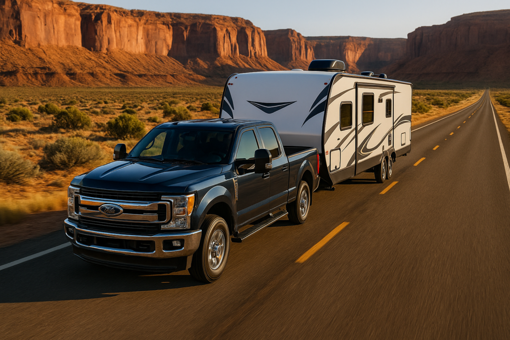 Ford F-250 towing a travel trailer on a desert highway, illustrating RV fuel costs in 2026 with accurate lighting, shadows, and terrain.