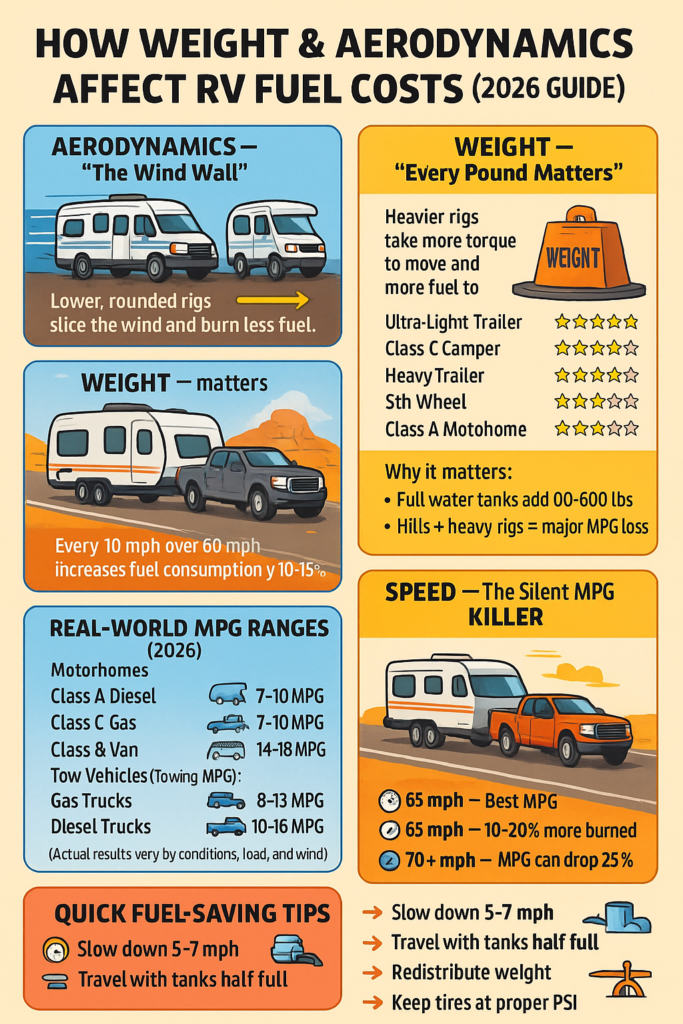 How weight and aerodynamics affect RV fuel costs in 2026 — infographic explaining wind drag, rig weight, real-world MPG ranges, speed impact, and fuel-saving tips.”
