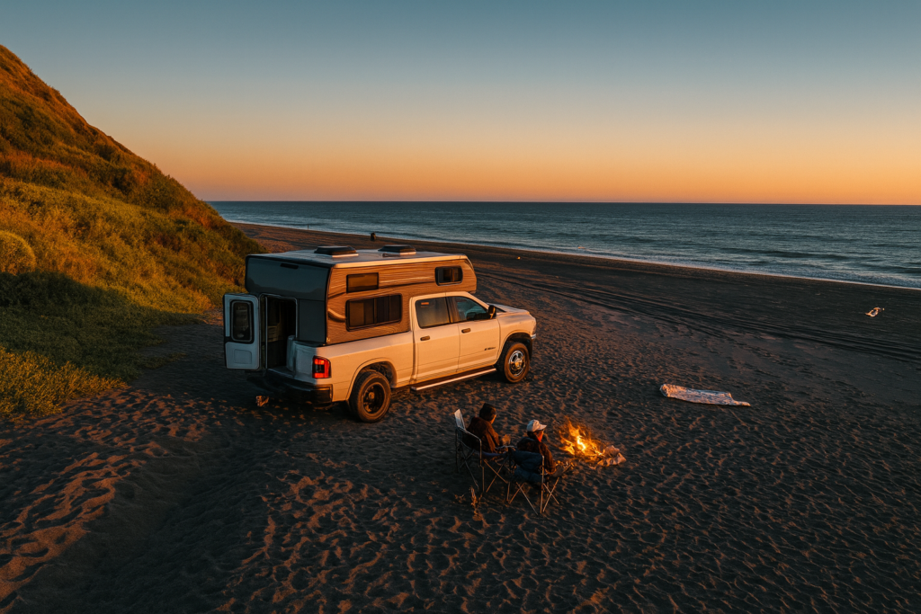 truck camper at beach at sunset