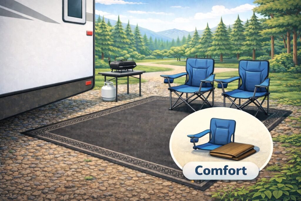 Nice-to-have RV starter essentials showing campsite comfort items like outdoor mat and camp chairs